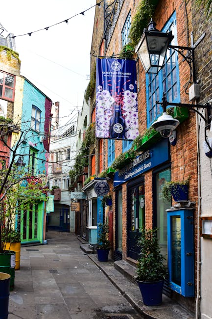 A row of terraced townhouses along a cobblestone street, each featuring small balconies with black metal railings and potted plants, including lush green foliage and flowering plants in clay and plast